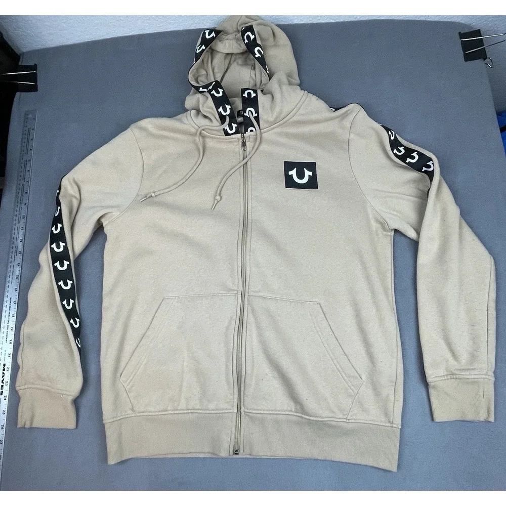 True Religion Hoodie Men XL Brown Full Zip Lightweight Cool Drawstring Logo Trim